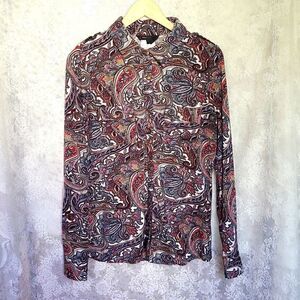 BCBGMaxazria‎ Paisley Print Long Sleeved Button Down Shirt, Snap Closure Size L